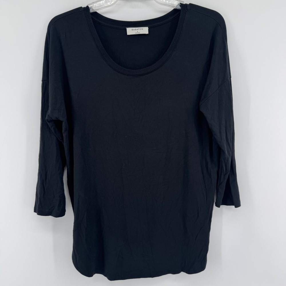 Babaton Aritzia Norris Shirt Womens Small Black Scoop Neck 3/4 Sleeve Slit Hem